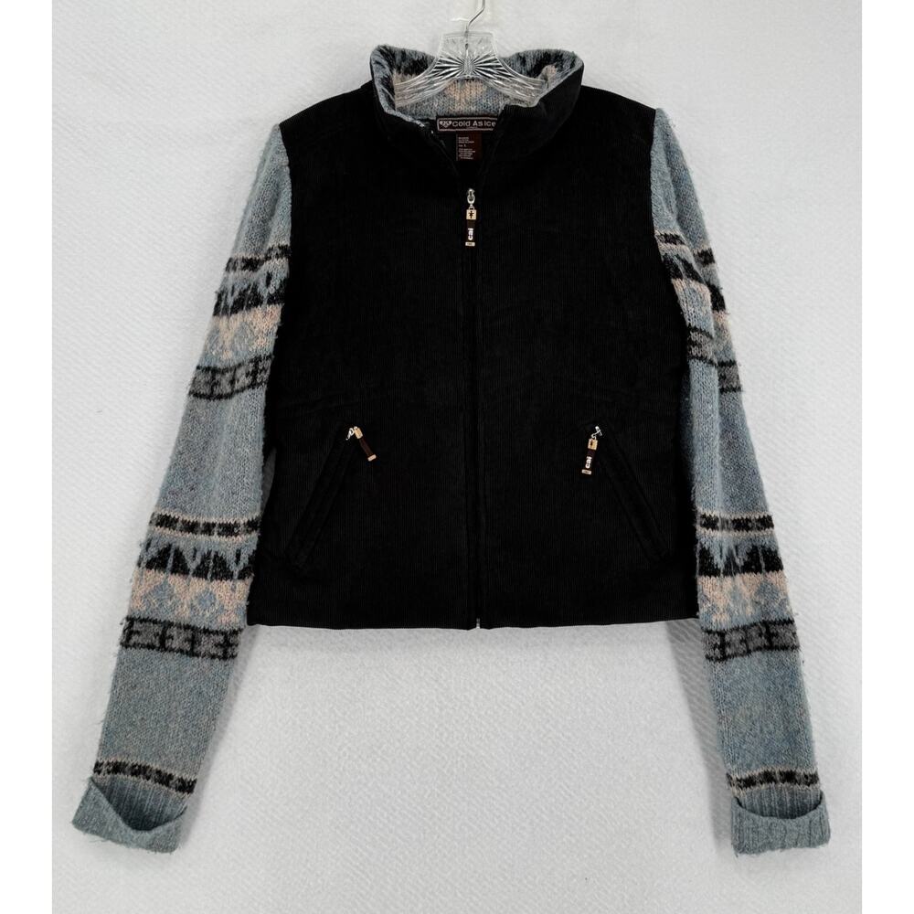 Cold As Ice Womens Y2K Brown Blue Nordic Corduroy Sweater Jacket Sz L